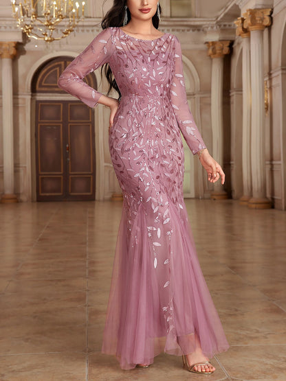 Sequin Embroidered Long Sleeve Round Neck Fishtail Dress Evening Gown