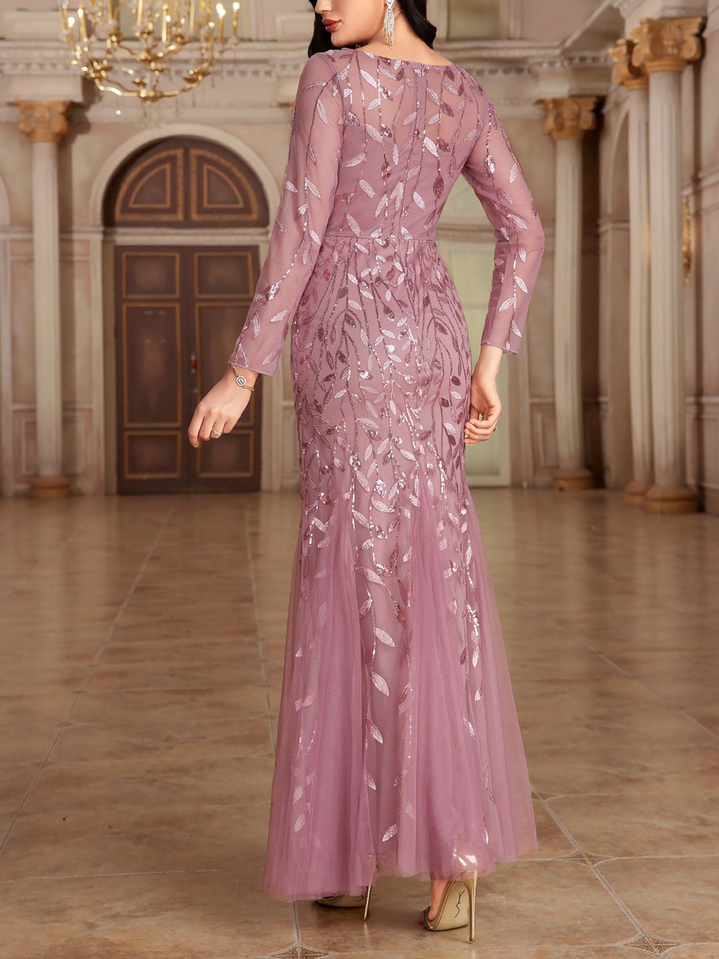 Sequin Embroidered Long Sleeve Round Neck Fishtail Dress Evening Gown