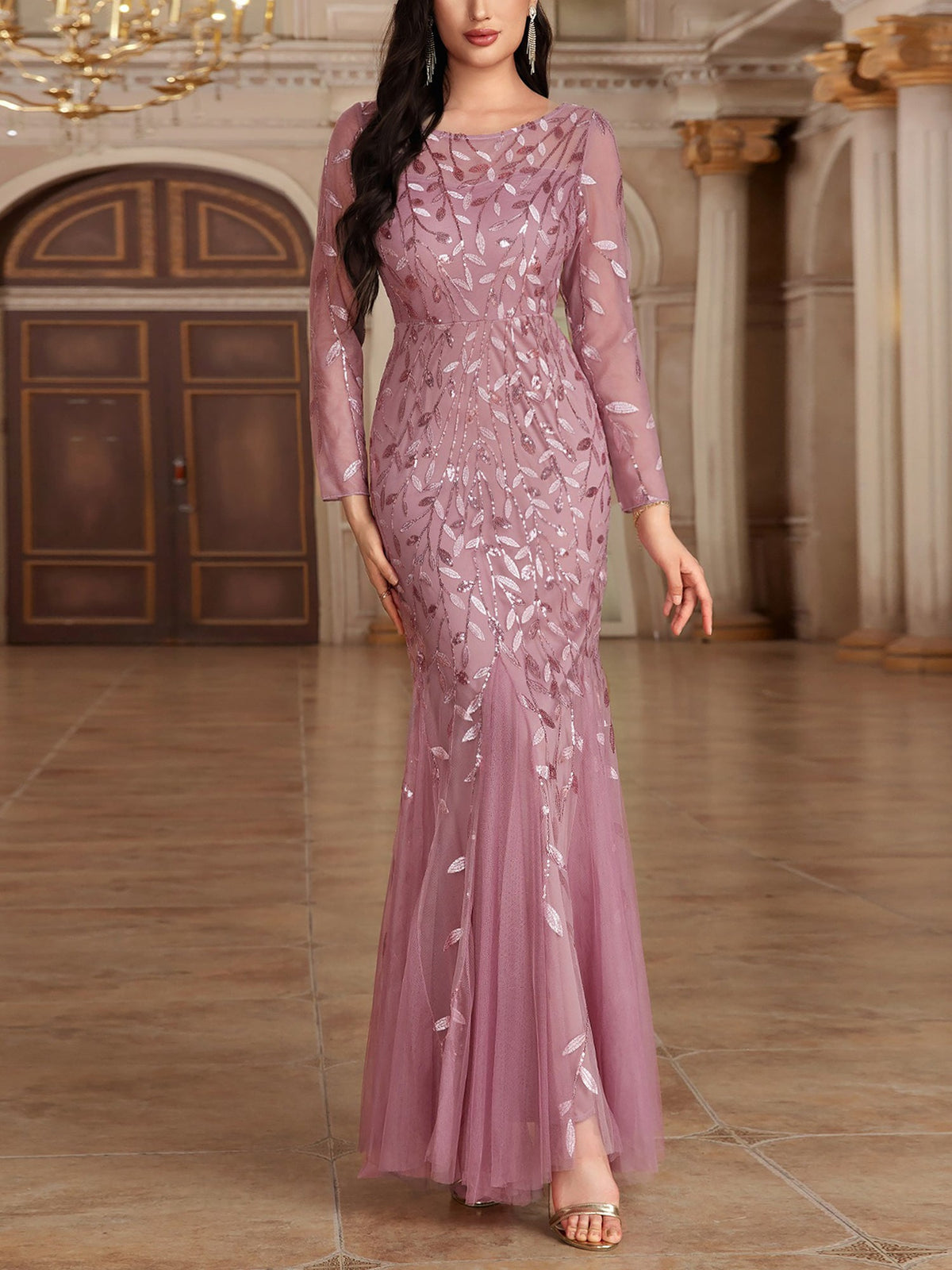 Sequin Embroidered Long Sleeve Round Neck Fishtail Dress Evening Gown