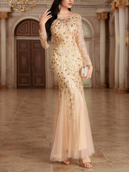 Sequin Embroidered Long Sleeve Round Neck Fishtail Dress Evening Gown