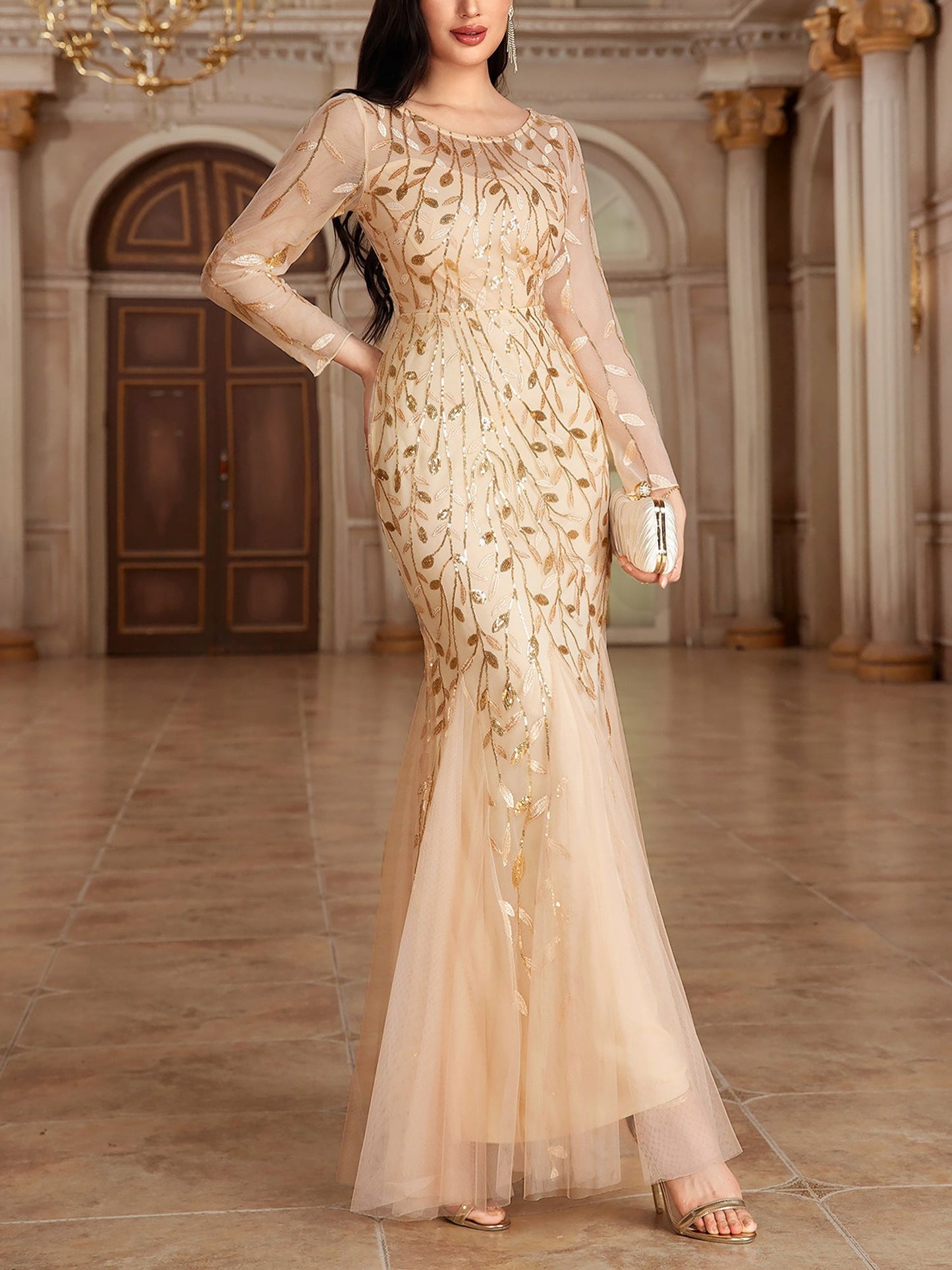 Sequin Embroidered Long Sleeve Round Neck Fishtail Dress Evening Gown