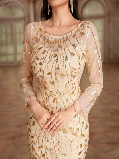 Sequin Embroidered Long Sleeve Round Neck Fishtail Dress Evening Gown