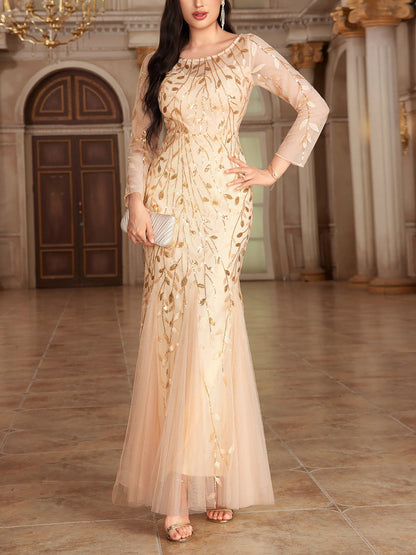 Sequin Embroidered Long Sleeve Round Neck Fishtail Dress Evening Gown
