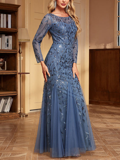 Sequin Embroidered Long Sleeve Round Neck Fishtail Dress Evening Gown