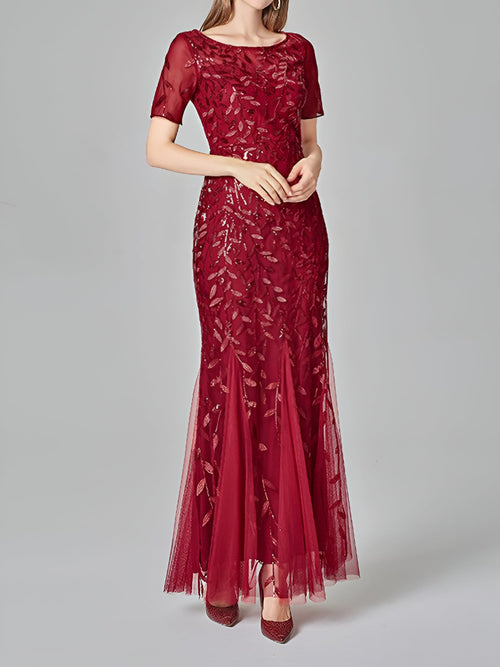 Mesh Embroidered Sequin Evening Gown Fishtail Dress
