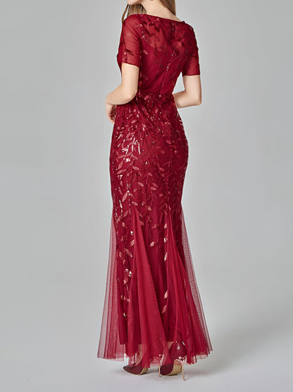 Mesh Embroidered Sequin Evening Gown Fishtail Dress