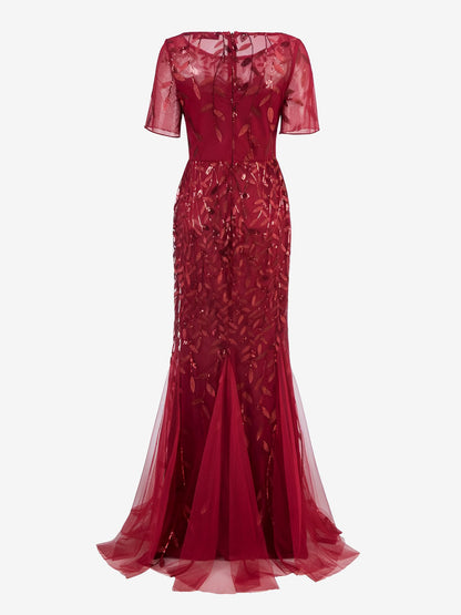 Mesh Embroidered Sequin Evening Gown Fishtail Dress