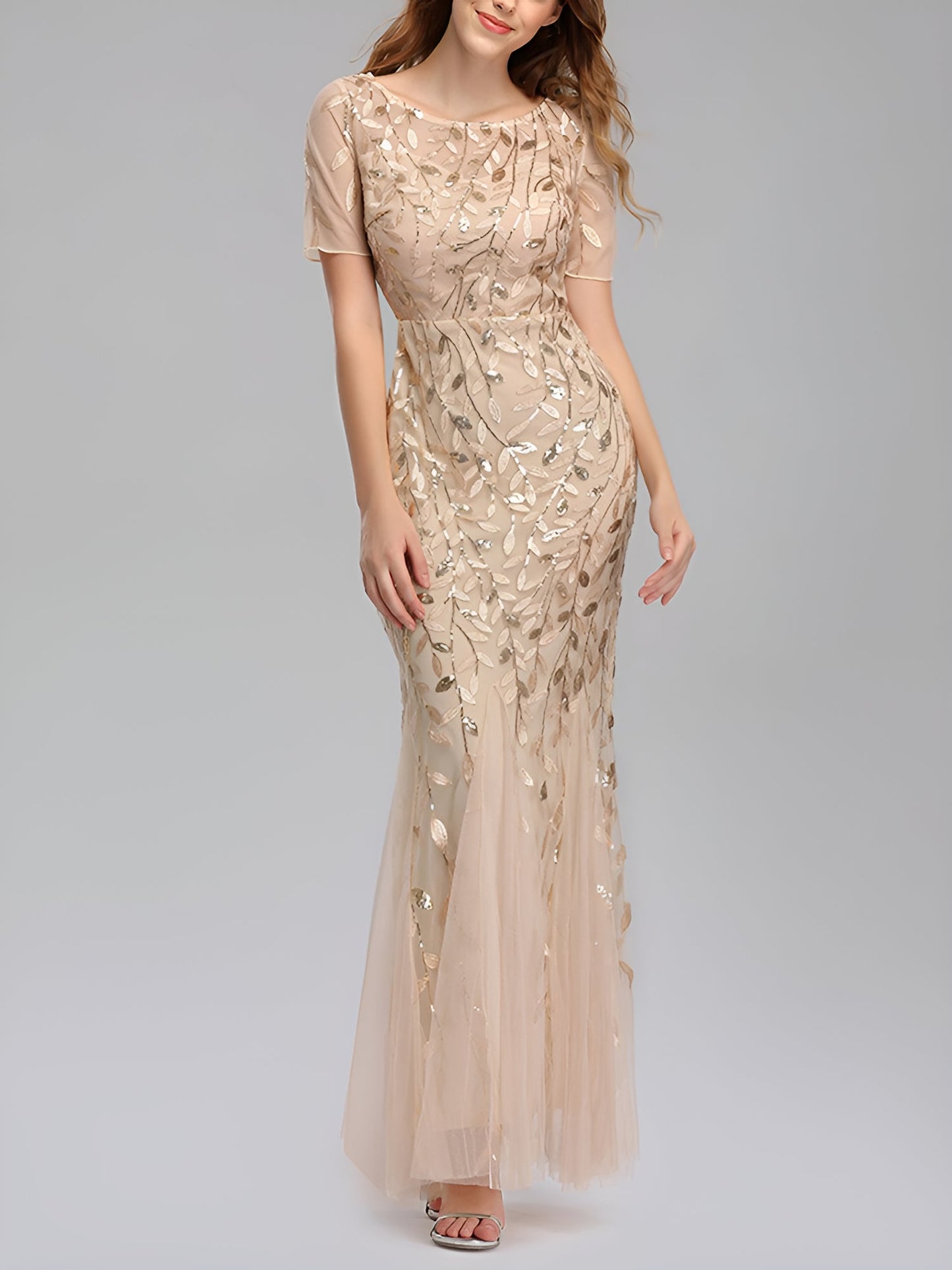Mesh Embroidered Sequin Evening Gown Fishtail Dress