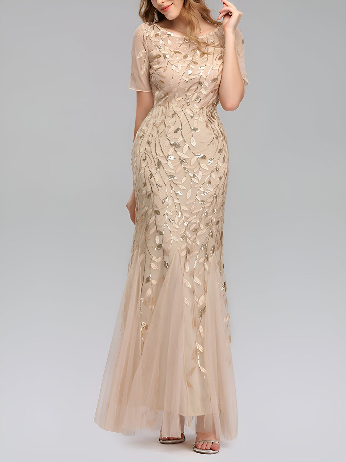 Mesh Embroidered Sequin Evening Gown Fishtail Dress