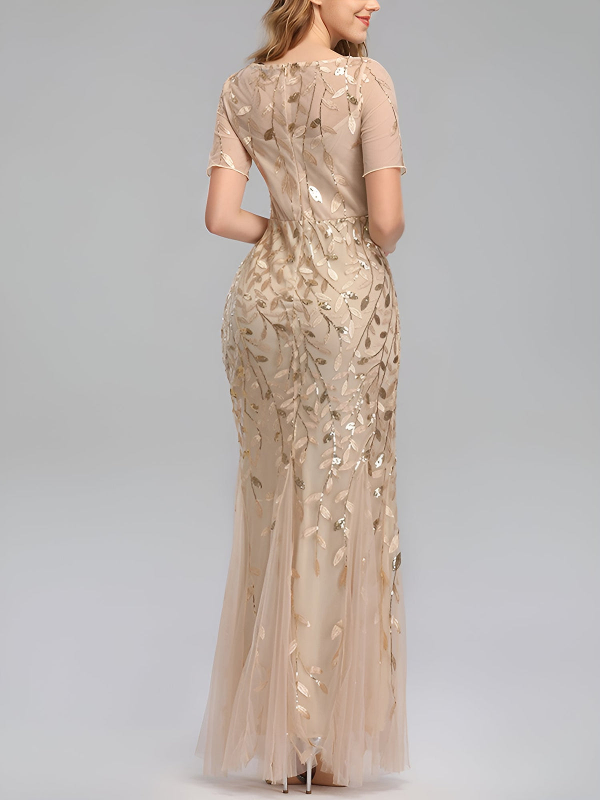 Mesh Embroidered Sequin Evening Gown Fishtail Dress