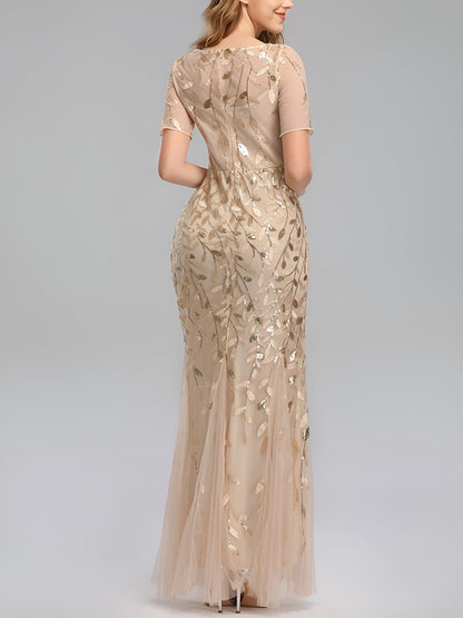 Mesh Embroidered Sequin Evening Gown Fishtail Dress