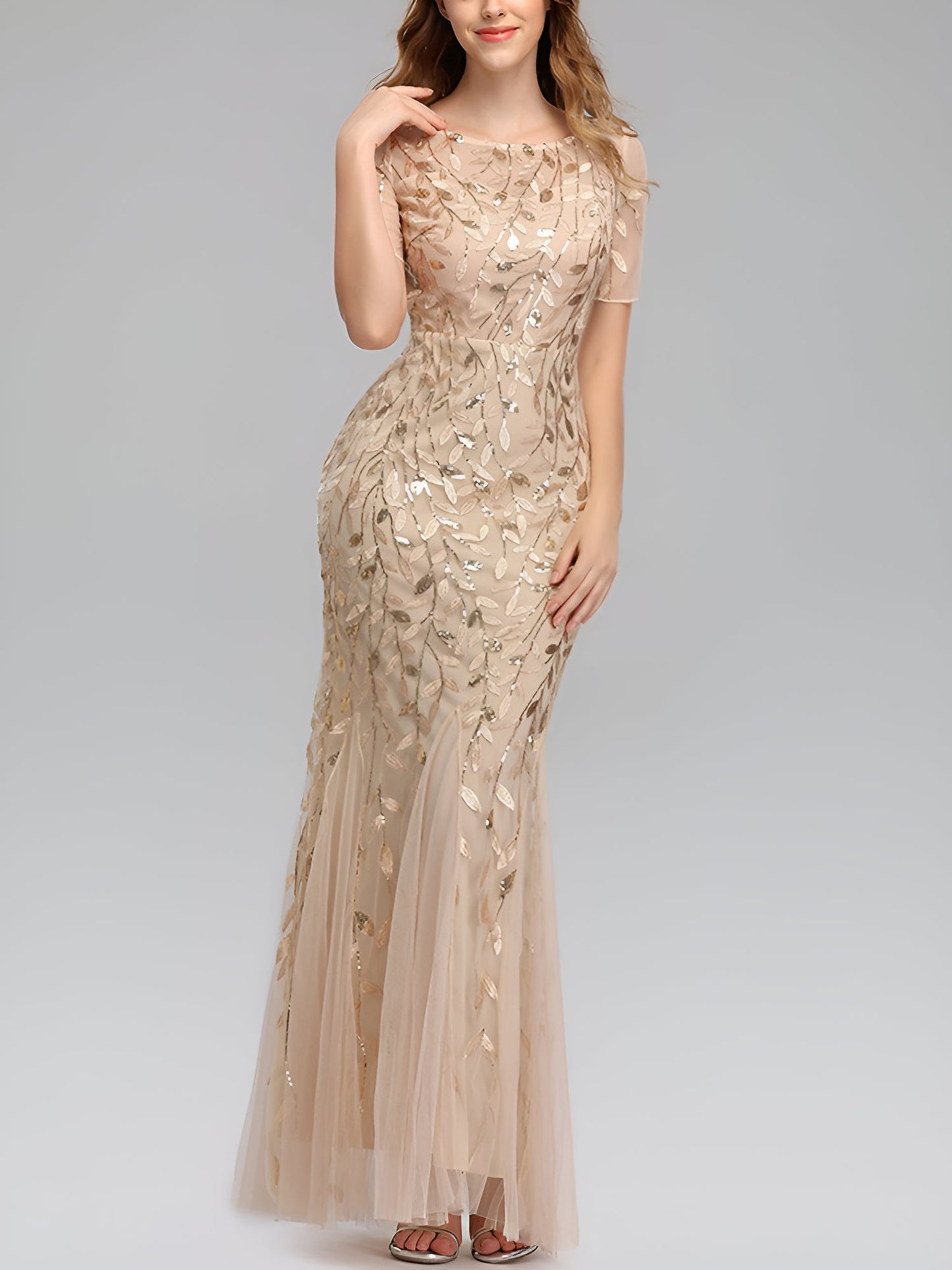 Mesh Embroidered Sequin Evening Gown Fishtail Dress