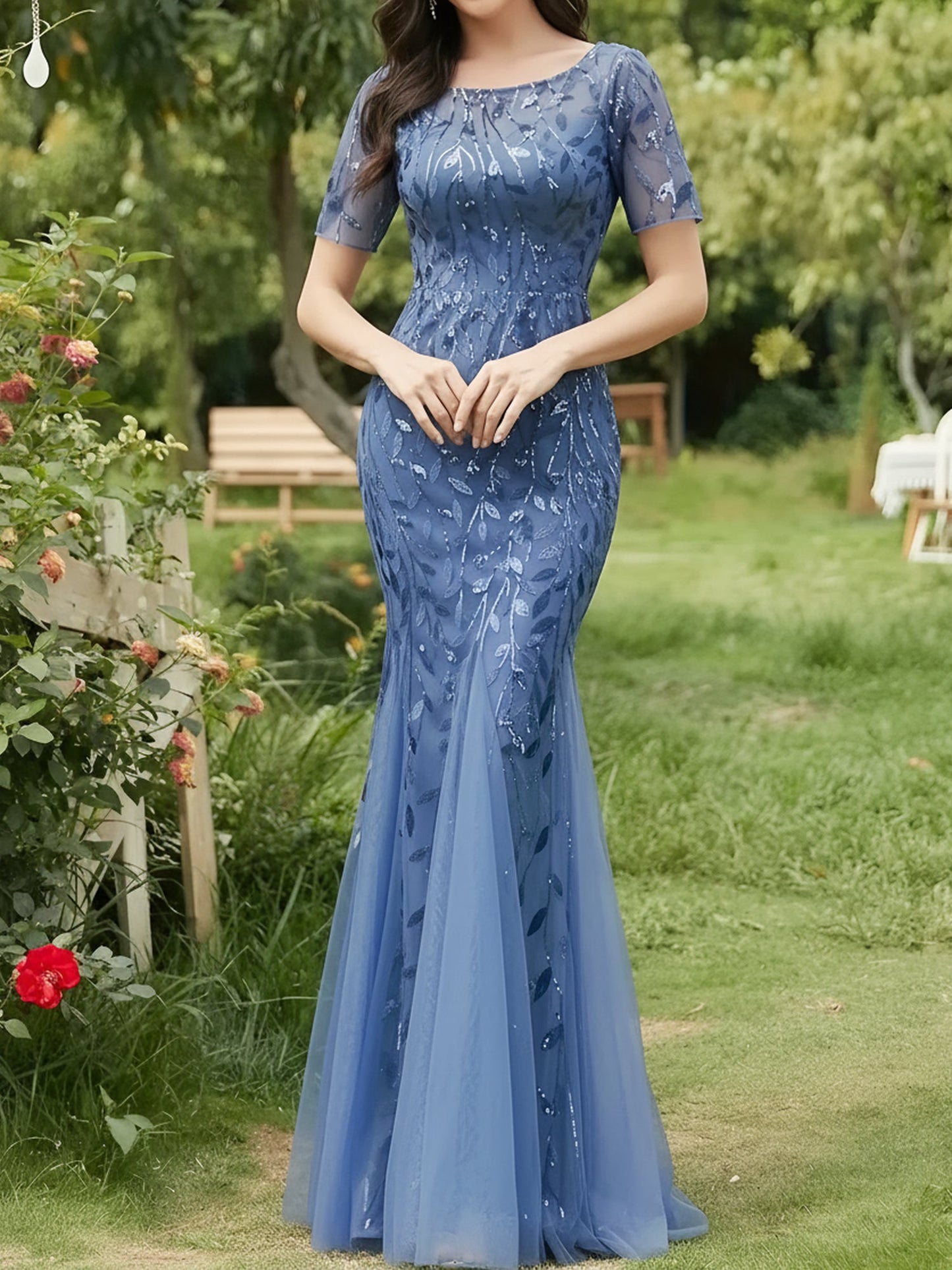 Mesh Embroidered Sequin Evening Gown Fishtail Dress