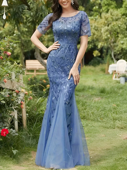 Mesh Embroidered Sequin Evening Gown Fishtail Dress