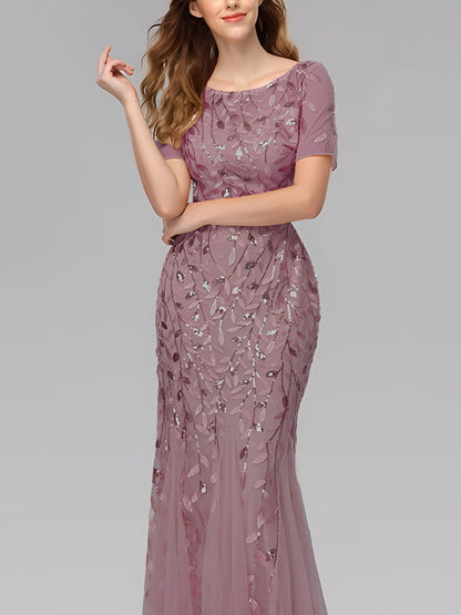 Mesh Embroidered Sequin Evening Gown Fishtail Dress