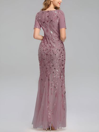 Mesh Embroidered Sequin Evening Gown Fishtail Dress