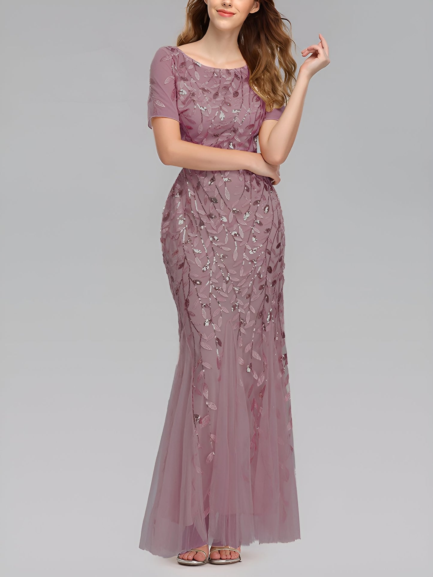 Mesh Embroidered Sequin Evening Gown Fishtail Dress
