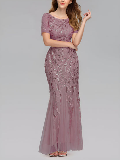 Mesh Embroidered Sequin Evening Gown Fishtail Dress