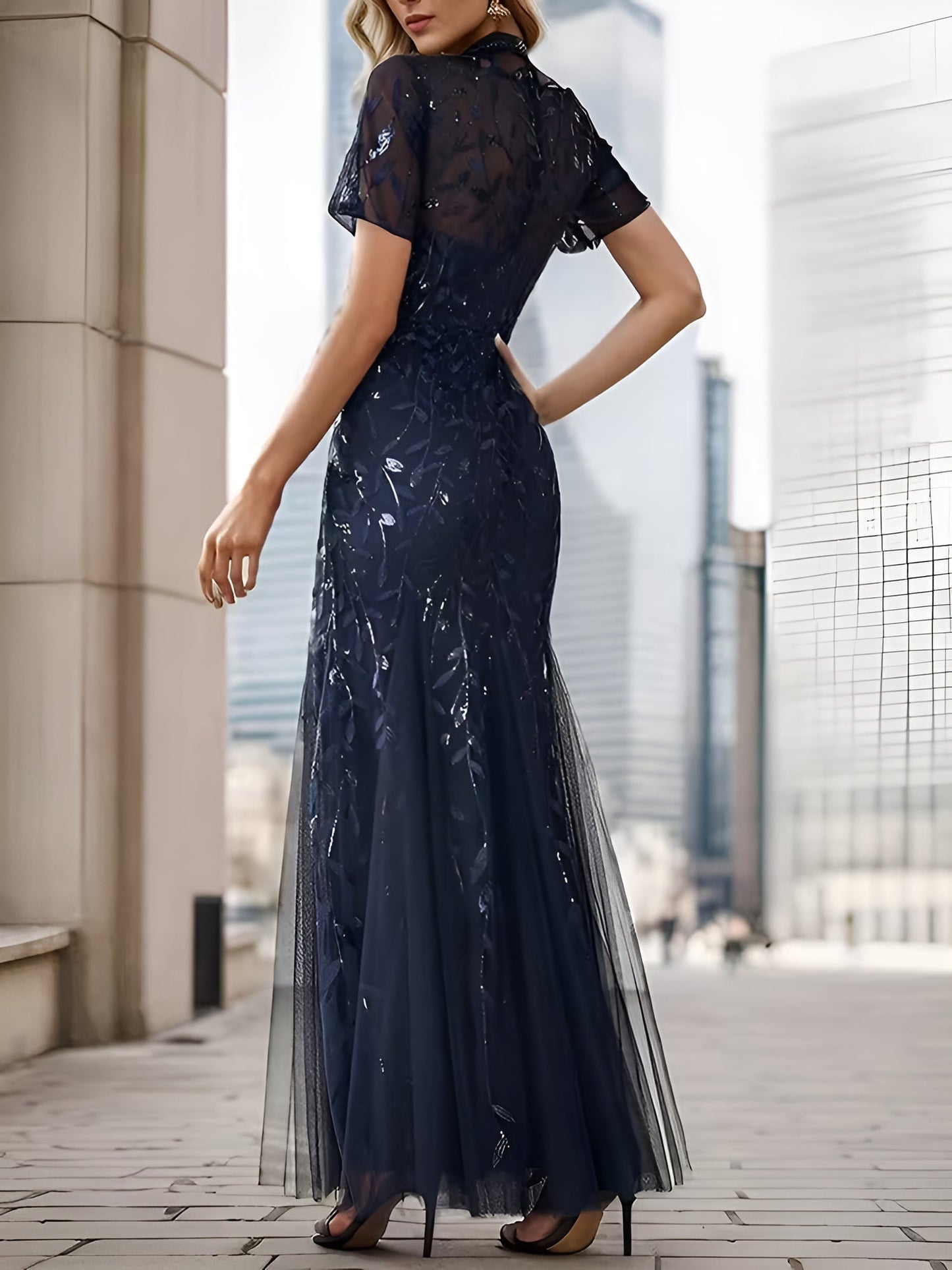 Mesh Embroidered Sequin Evening Gown Fishtail Dress