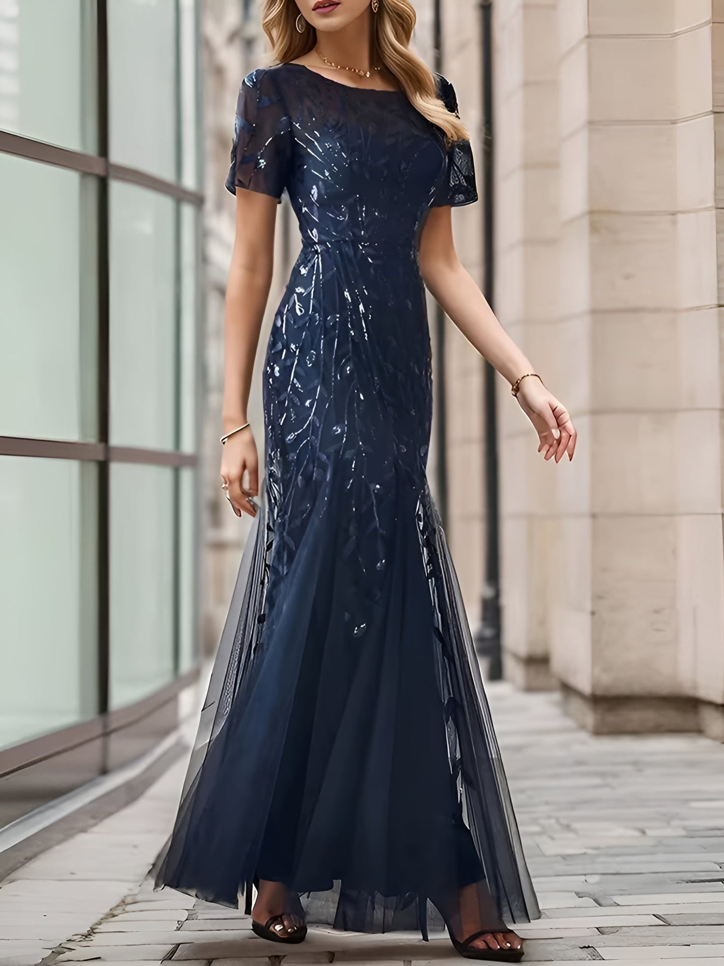 Mesh Embroidered Sequin Evening Gown Fishtail Dress