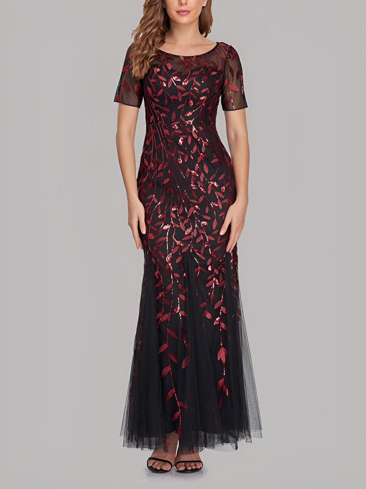 Mesh Embroidered Sequin Evening Gown Fishtail Dress