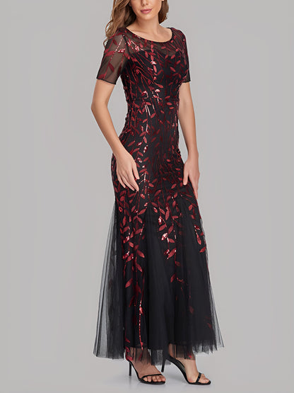 Mesh Embroidered Sequin Evening Gown Fishtail Dress