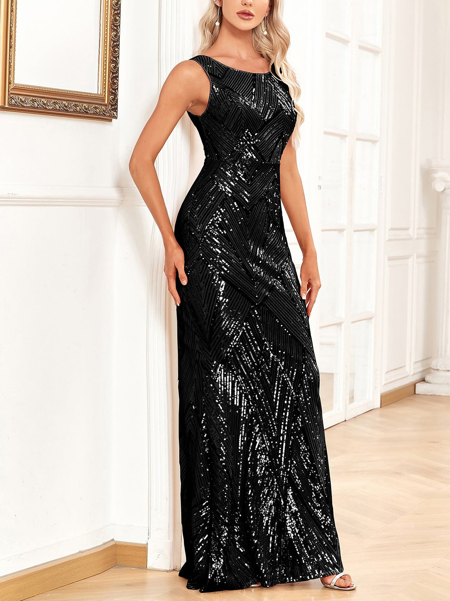 Sleeveless Round Neck Sequin Mermaid Maxi Dress Evening Gown