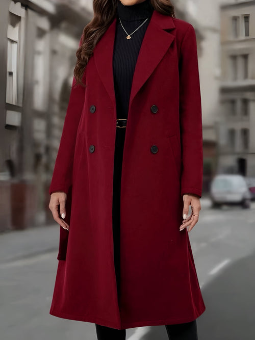 Notched Lapel Double-Breasted Belted Fully Lined Mid-Length Coat