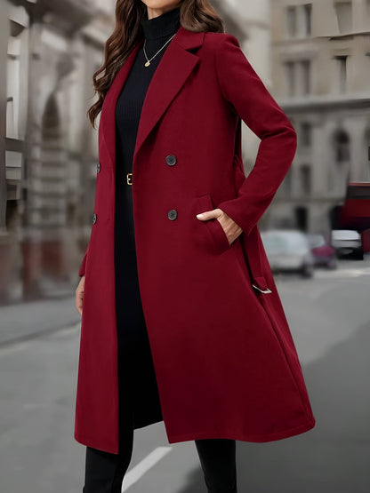 Notched Lapel Double-Breasted Belted Fully Lined Mid-Length Coat