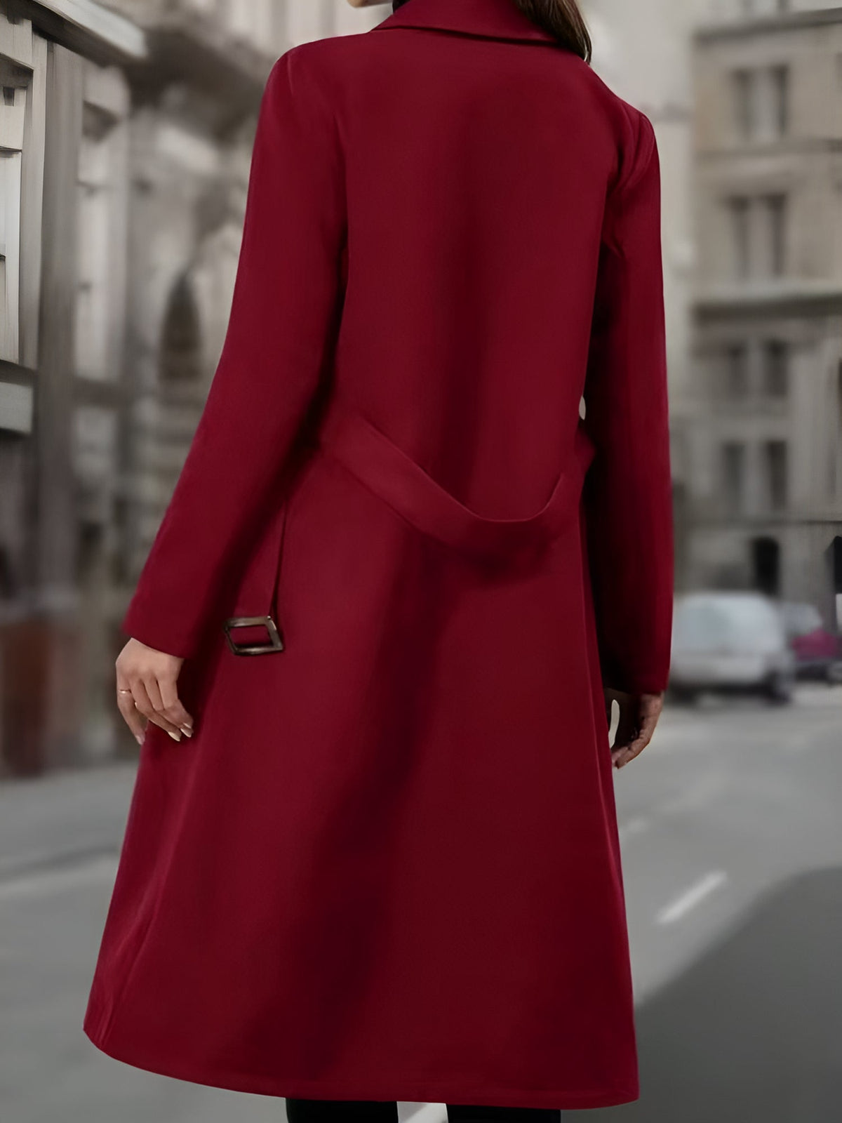 Notched Lapel Double-Breasted Belted Fully Lined Mid-Length Coat