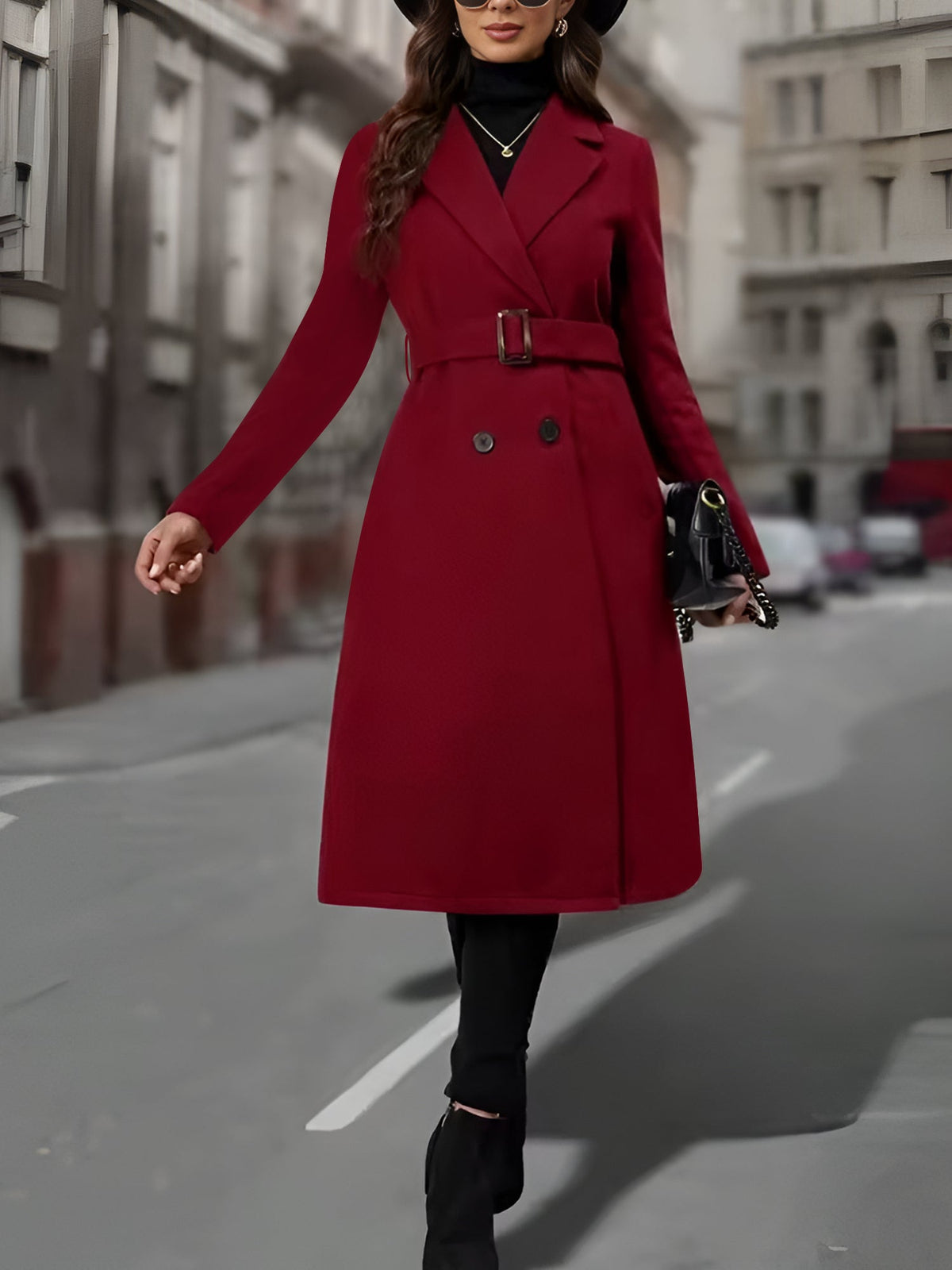 Notched Lapel Double-Breasted Belted Fully Lined Mid-Length Coat