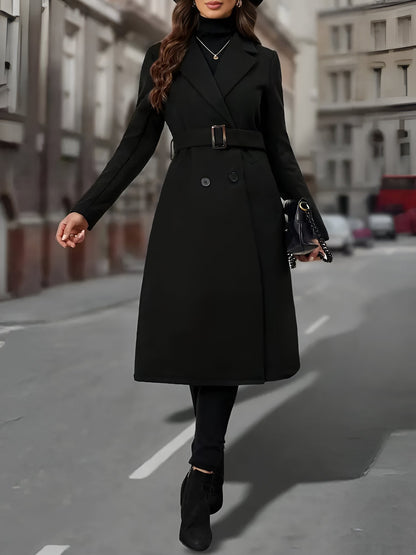 Notched Lapel Double-Breasted Belted Fully Lined Mid-Length Coat