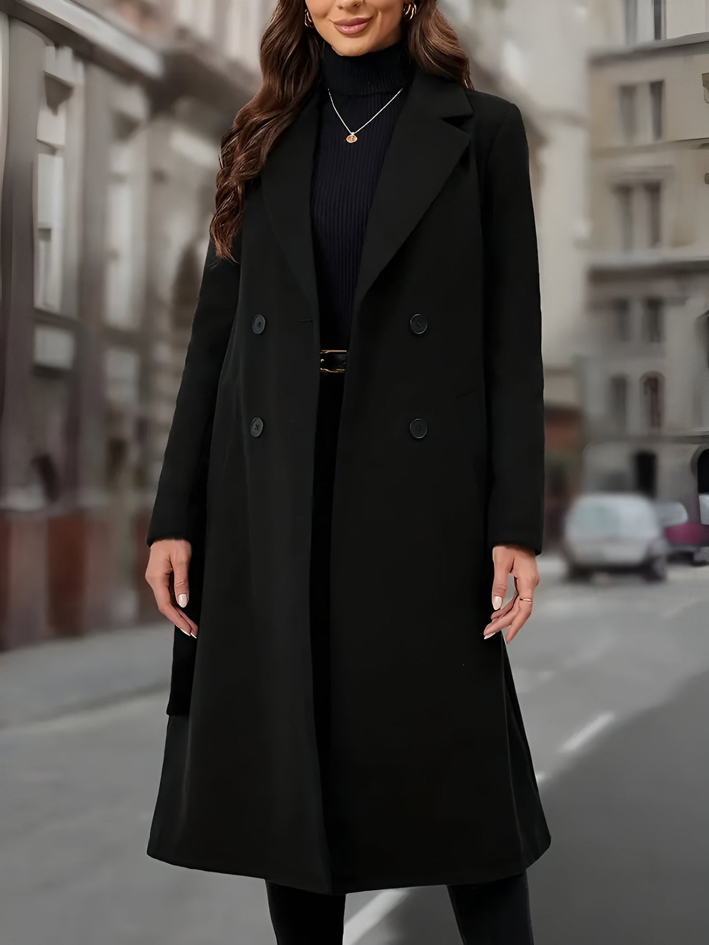 Notched Lapel Double-Breasted Belted Fully Lined Mid-Length Coat