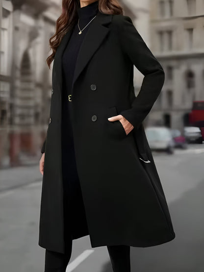 Notched Lapel Double-Breasted Belted Fully Lined Mid-Length Coat