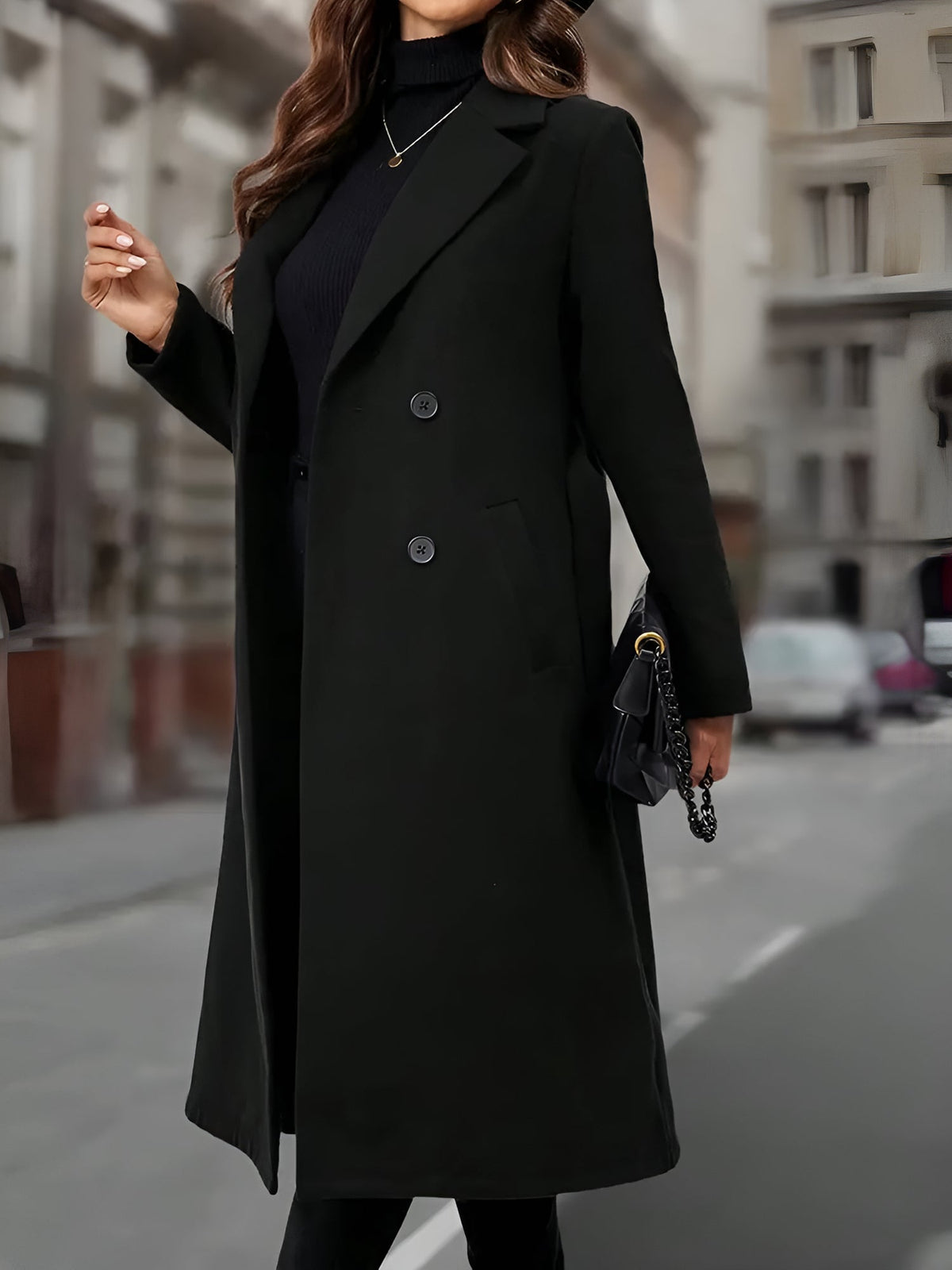 Notched Lapel Double-Breasted Belted Fully Lined Mid-Length Coat