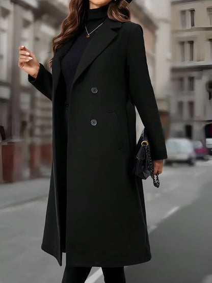 Notched Lapel Double-Breasted Belted Fully Lined Mid-Length Coat