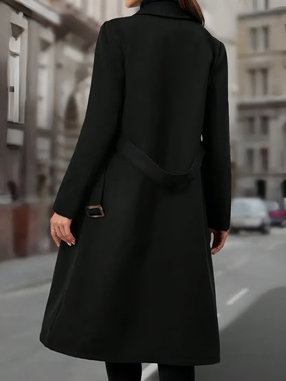 Notched Lapel Double-Breasted Belted Fully Lined Mid-Length Coat