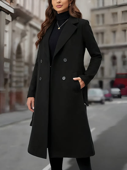 Notched Lapel Double-Breasted Belted Fully Lined Mid-Length Coat