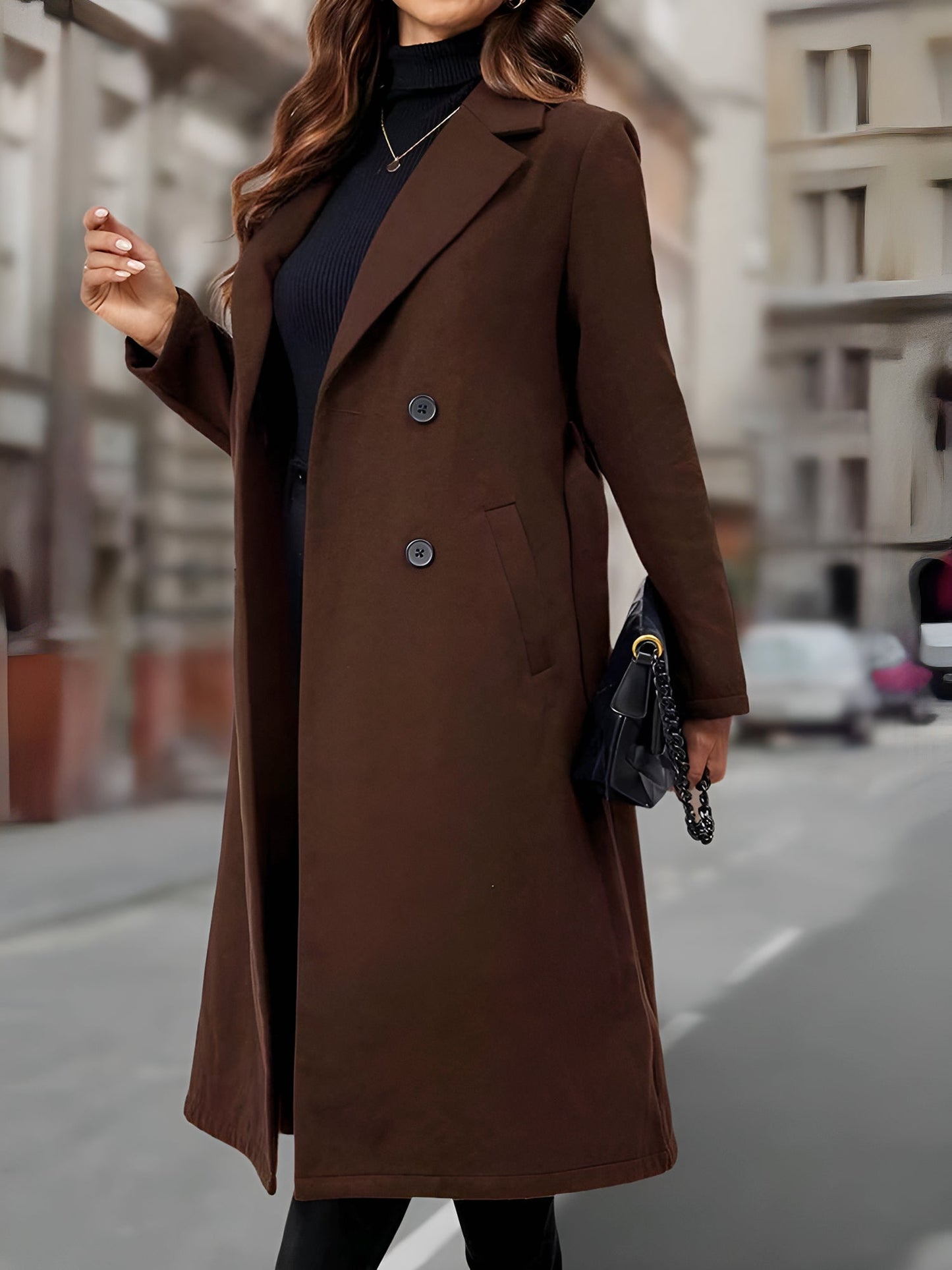 Notched Lapel Double-Breasted Belted Fully Lined Mid-Length Coat