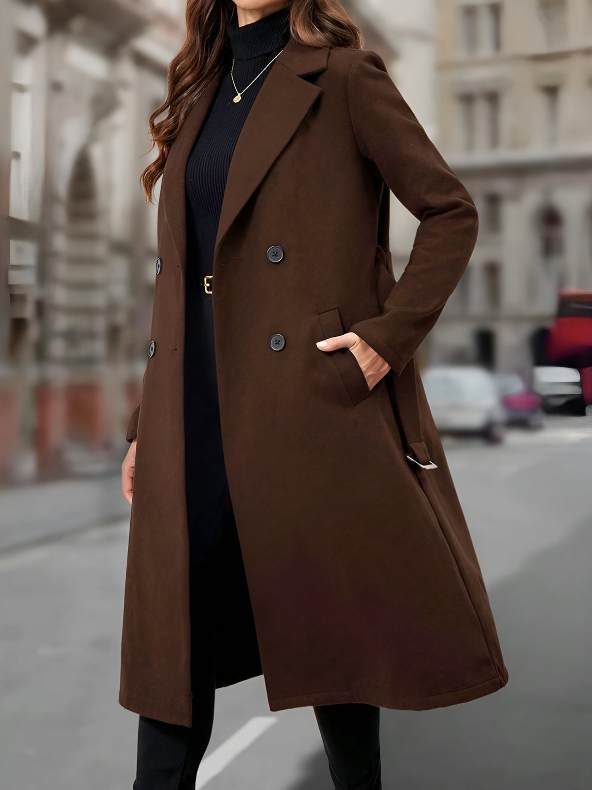 Notched Lapel Double-Breasted Belted Fully Lined Mid-Length Coat