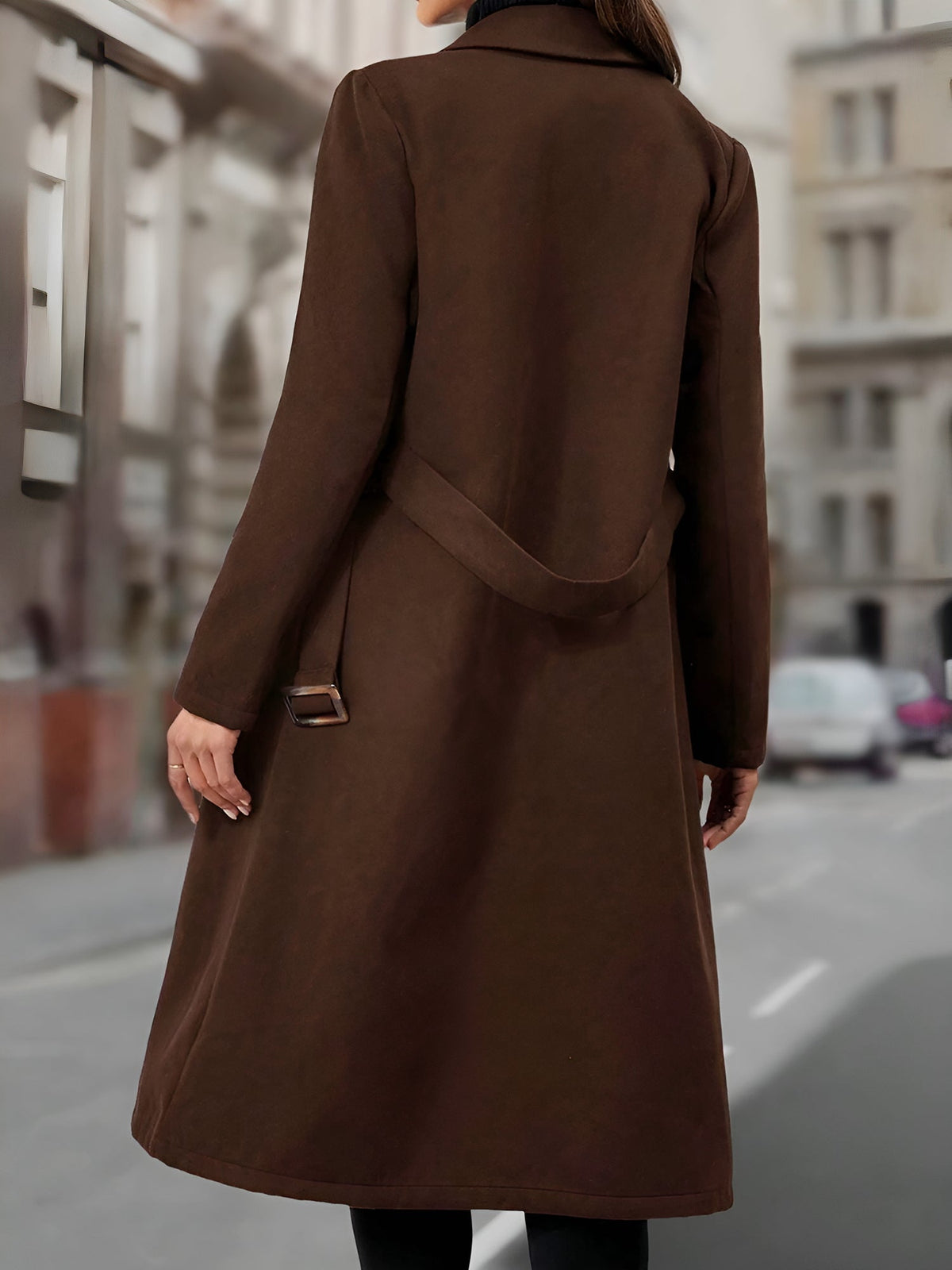 Notched Lapel Double-Breasted Belted Fully Lined Mid-Length Coat