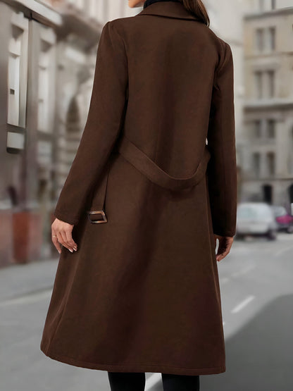 Notched Lapel Double-Breasted Belted Fully Lined Mid-Length Coat
