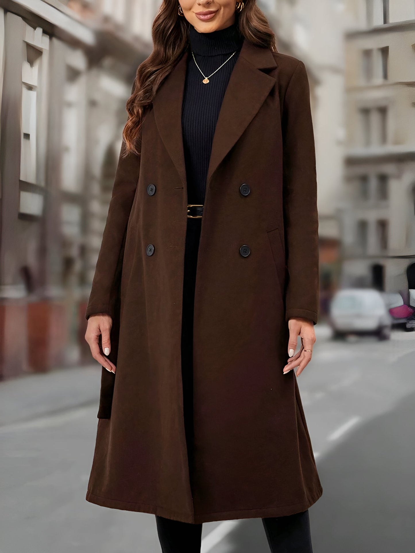 Notched Lapel Double-Breasted Belted Fully Lined Mid-Length Coat