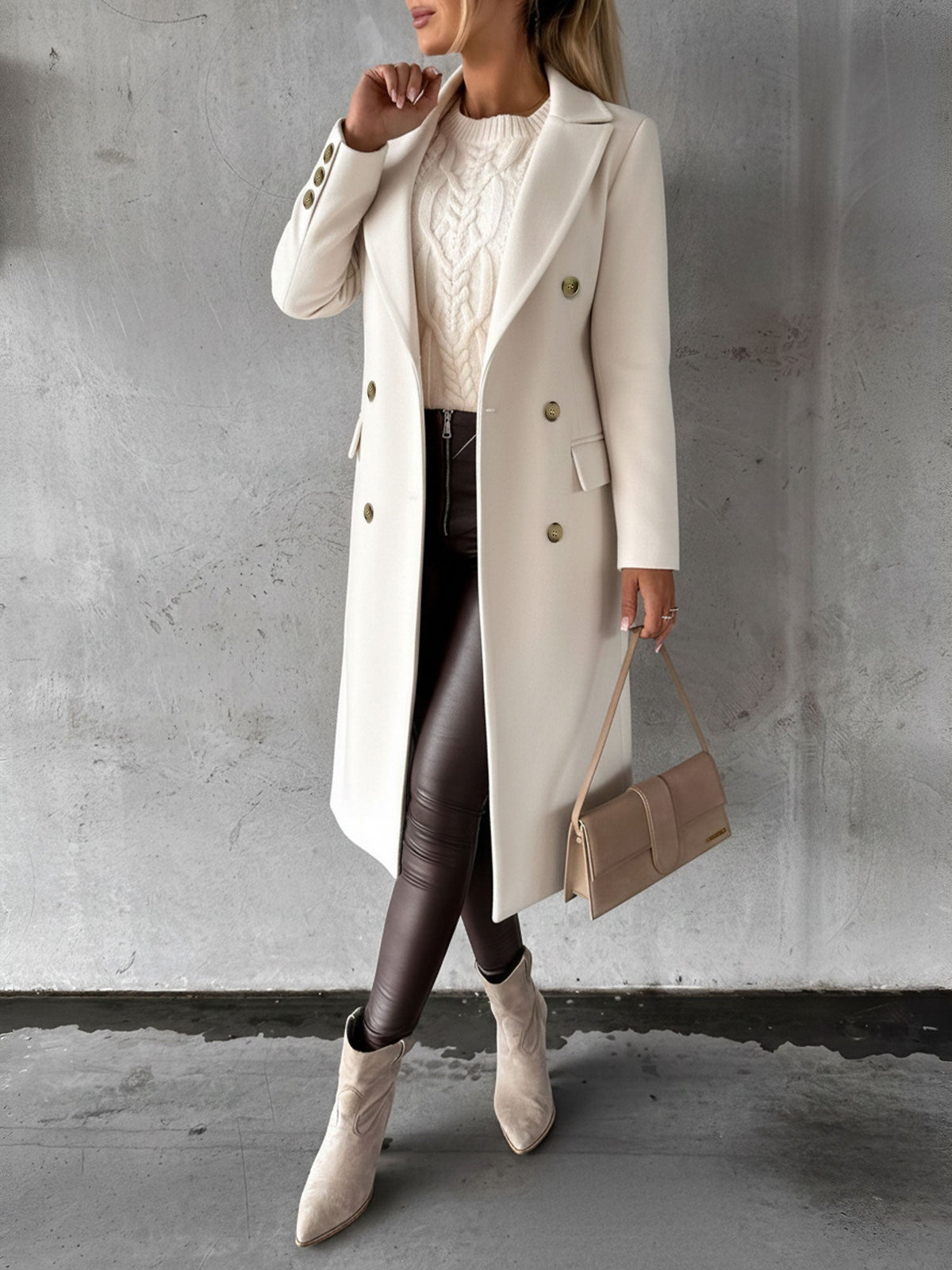 Casual Long Sleeve Double Breasted Notched Lapel Coat