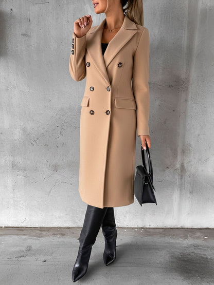 Casual Long Sleeve Double Breasted Notched Lapel Coat