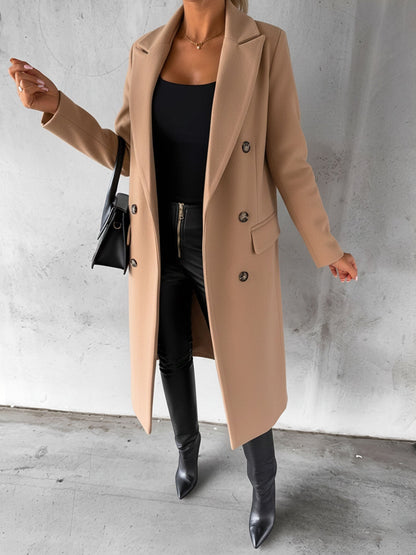 Casual Long Sleeve Double Breasted Notched Lapel Coat