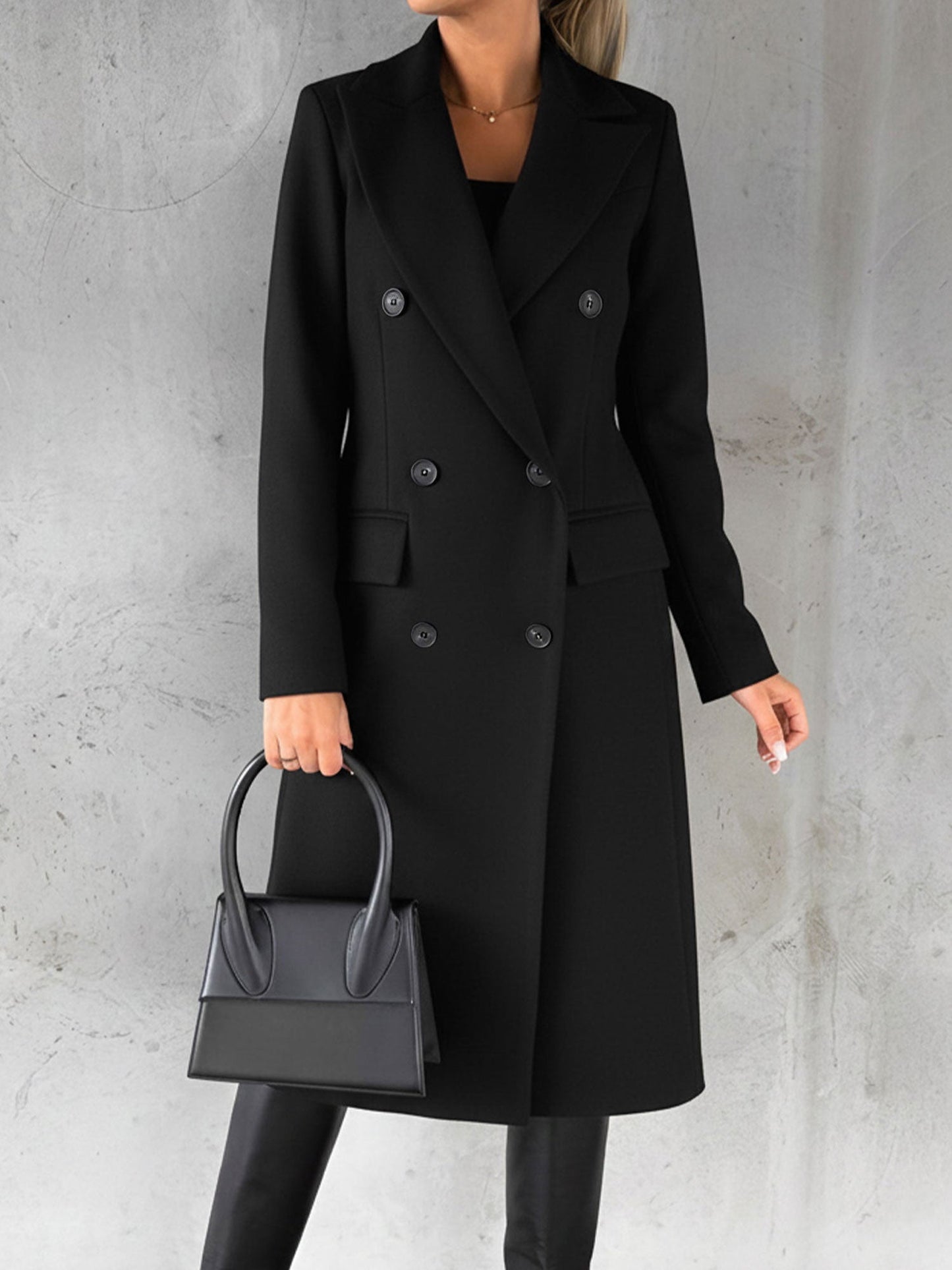 Casual Long Sleeve Double Breasted Notched Lapel Coat