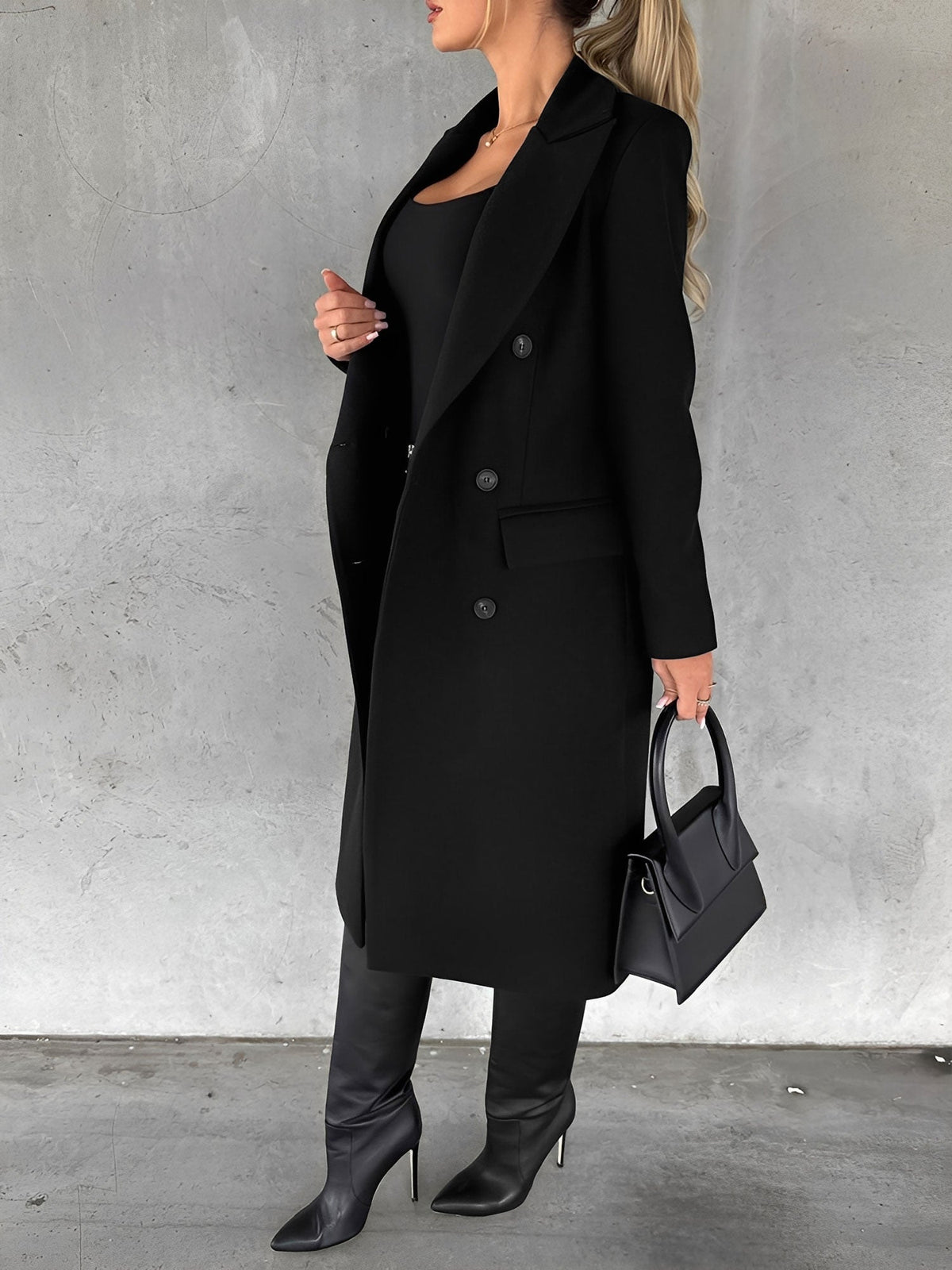 Casual Long Sleeve Double Breasted Notched Lapel Coat