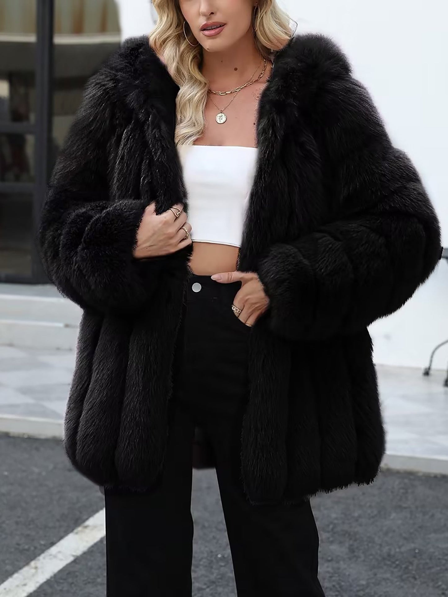 Faux Fur Long Sleeves Fully Lined Winter Coat