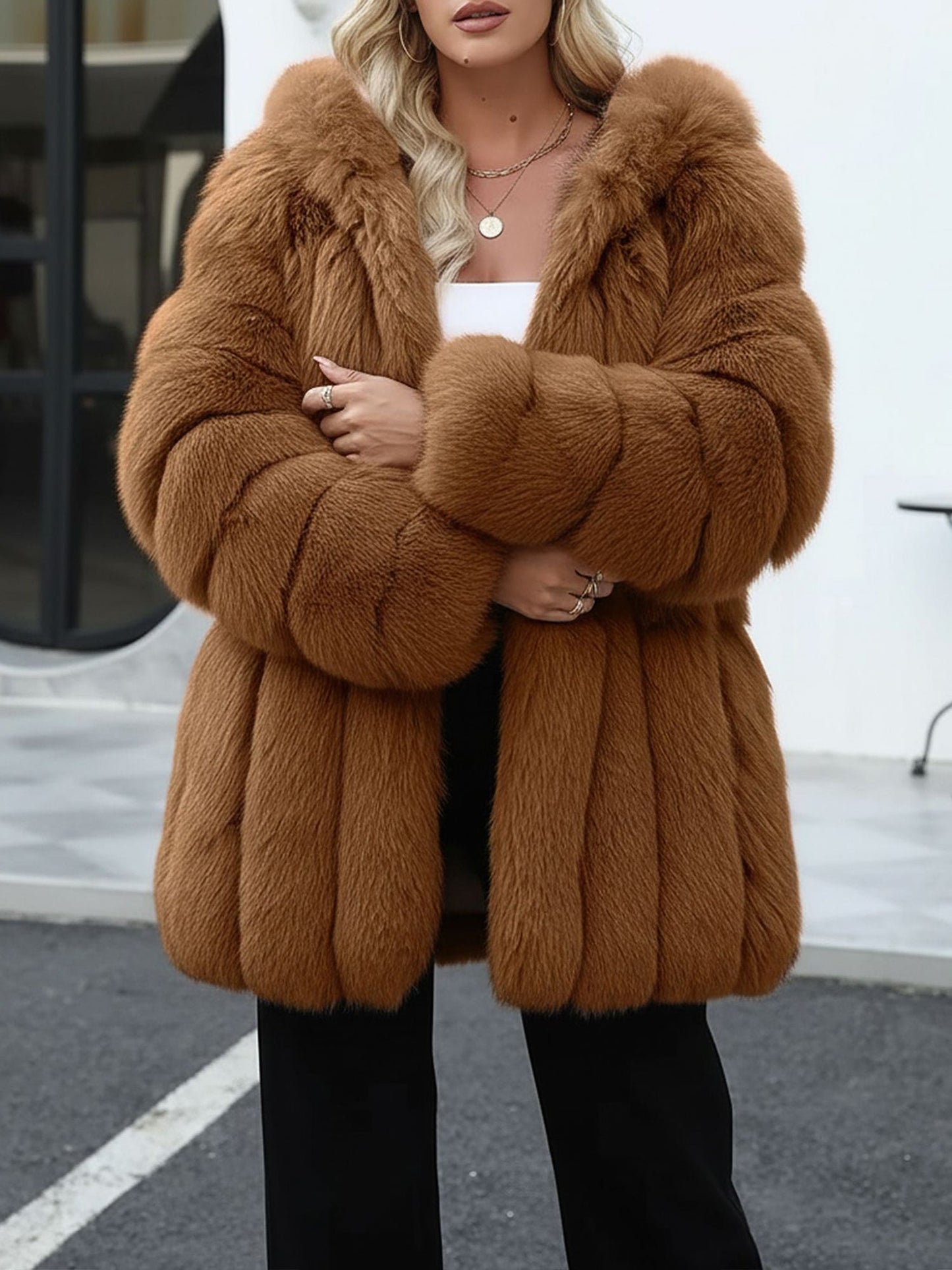 Faux Fur Long Sleeves Fully Lined Winter Coat